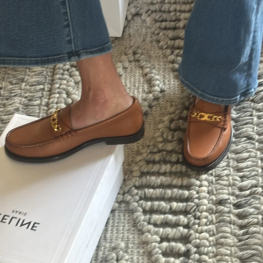 CELINE - Leather Loafers with Gold Chain. AVAIL